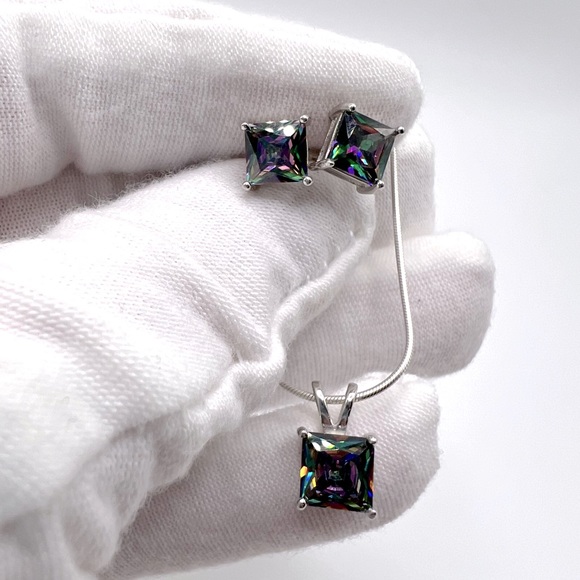 .925 Sterling Silver Rainbow Topaz Cz Necklace & Earring Set - Picture 6 of 16